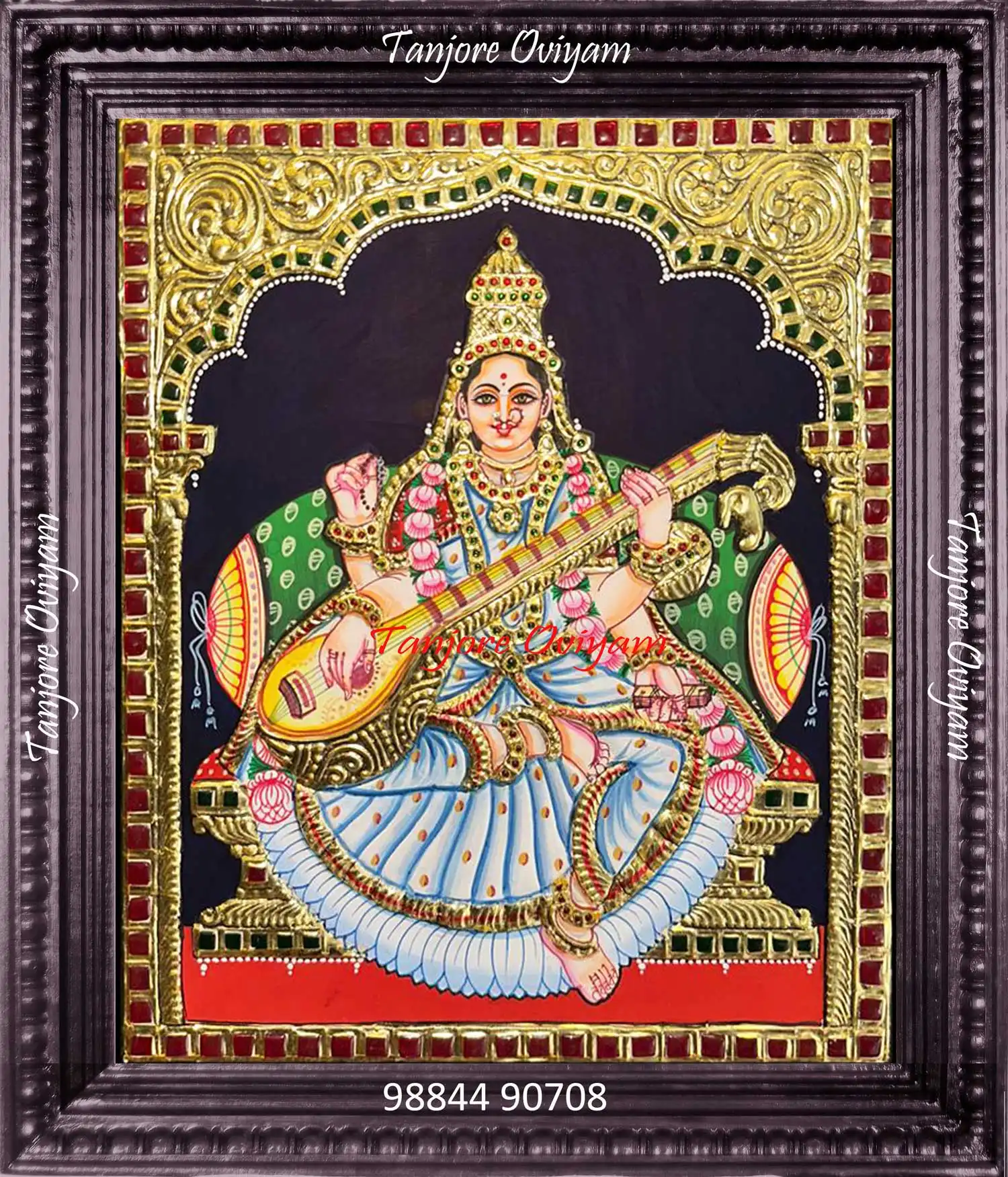 Saraswathi Tanjore painting featuring Goddess Saraswathi with veena, handcrafted using gold foil and traditional Thanjavur techniques